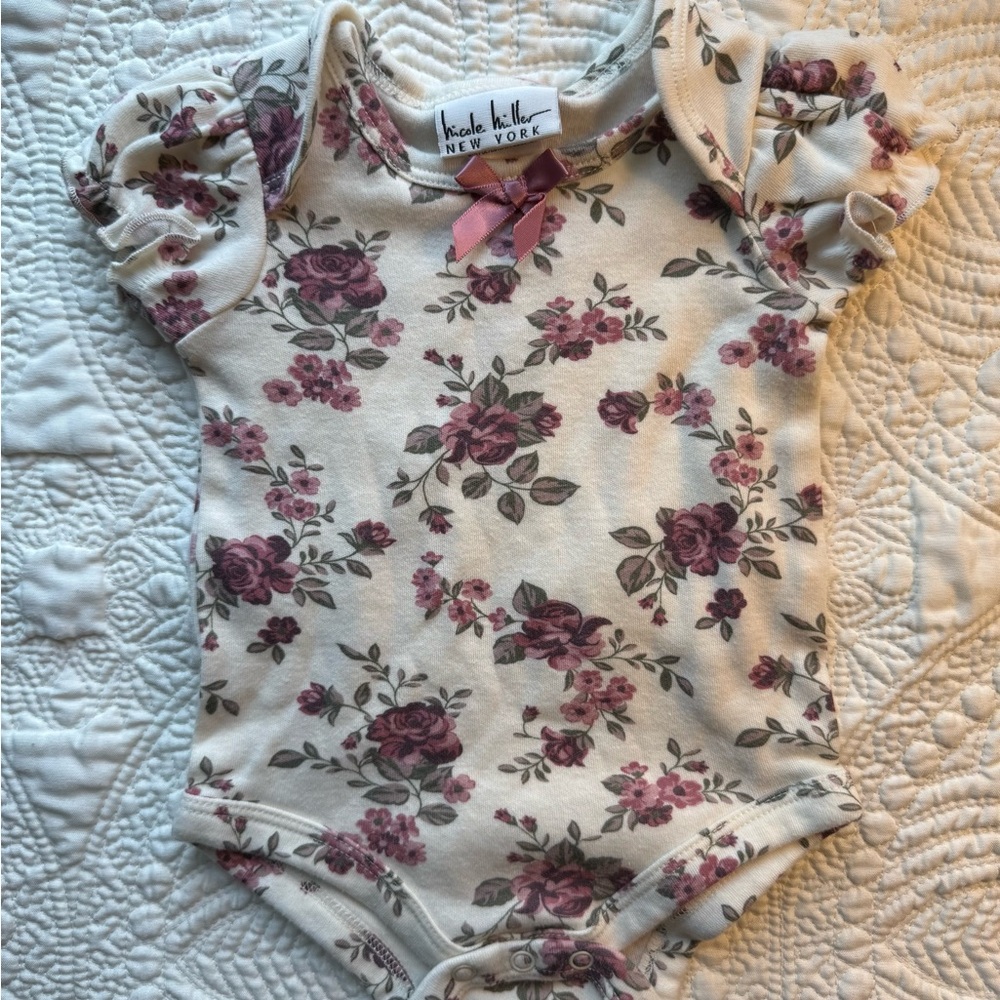 Nicole Miller Cream and Purple Floral Bodysuit